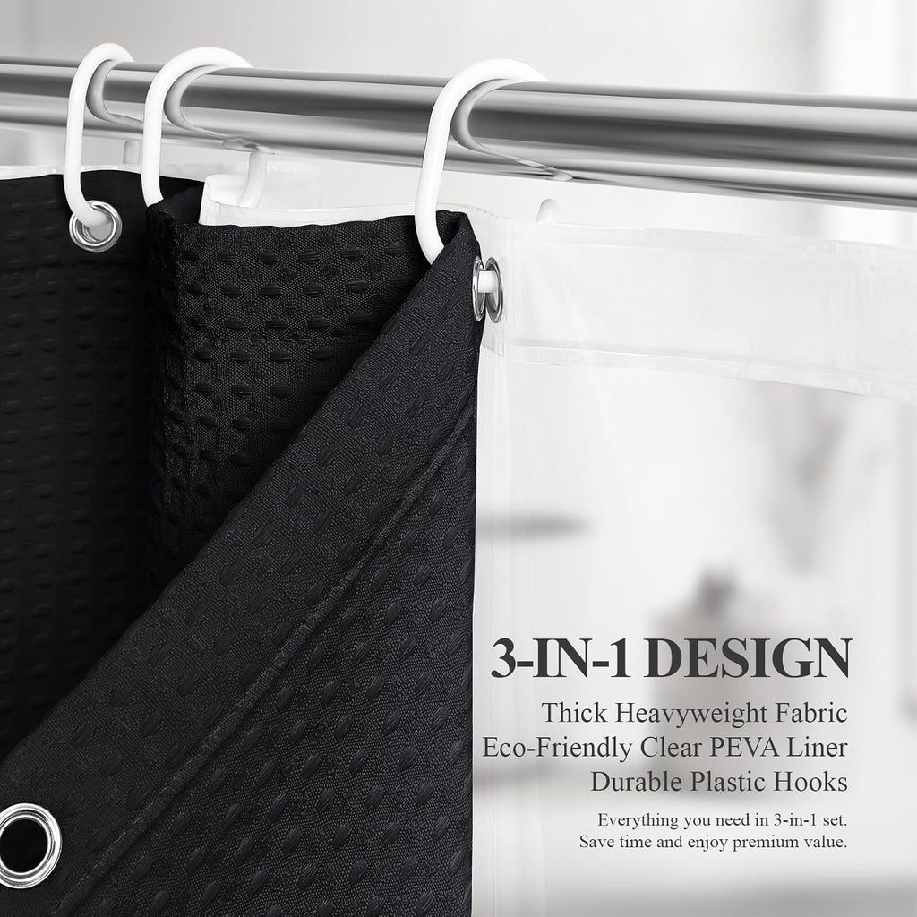 3 in 1 Waffle Shower Curtain Set with PEVA Liner 72Wx72H Black | 256GSM Heavy Duty Fabric, Waterproof Clear Liner