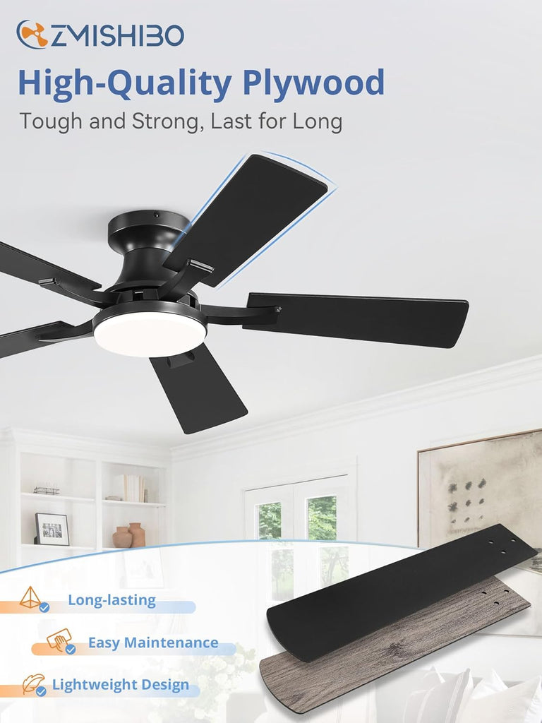 42 Inch Ceiling Fan with Light, App&Remote Control, Flush Mount Low Profile, Dimmable 20W LED Light, Quiet Reversible Motor for Bedroom, Living Room, Apartment, Black