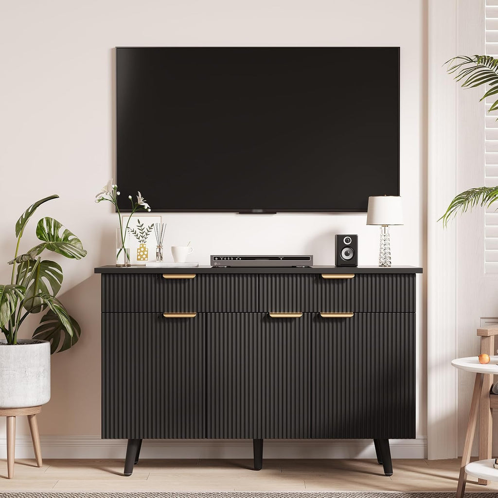 47 Inch Sideboard Buffet Cabinet, Wood Storage Cabinet with 3 Fluted Doors, Adjustable Shelves and 2 Drawers, Coffee