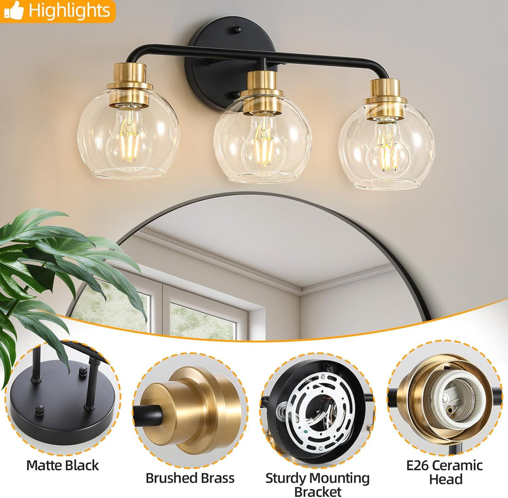 3 Light Bathroom Vanity Light, Black and Gold Bathroom Light Fixtures | with Clear Glass Shade Modern Wall Sconces