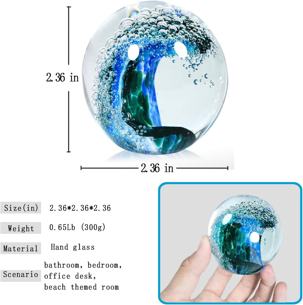 Hand Blown s Ball: Ocean Wave Design Glass Paper Weights, Beach Decorations - Unique Ocean Themed