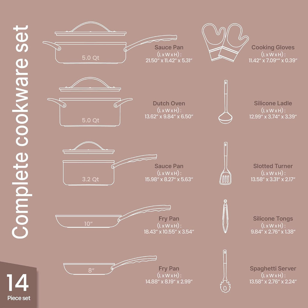 Crystal Kung Minkoff Ceramic Cookware Set - 14-Piece Pots and Pans Set with Lids, Silicone Utensils & Oven Mitts