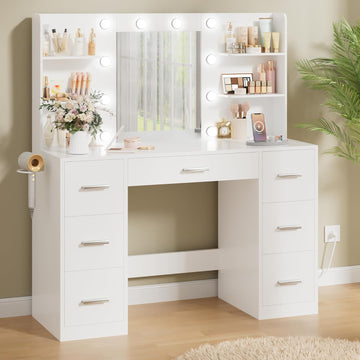 Makeup Vanity Desk with Mirror and 10 Lights, Table with 7 Drawers and 4 Open Shelves, 3 Color Modes and Adjustable