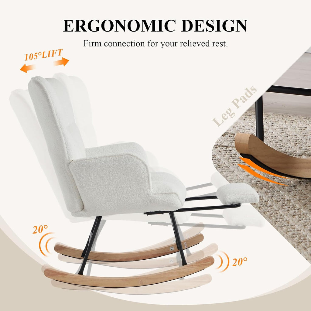 Nursery Rocking Chair with Footrest, Teddy Upholstered Glider Rocker with Side Pocket, Leisure Rocker Chair with High