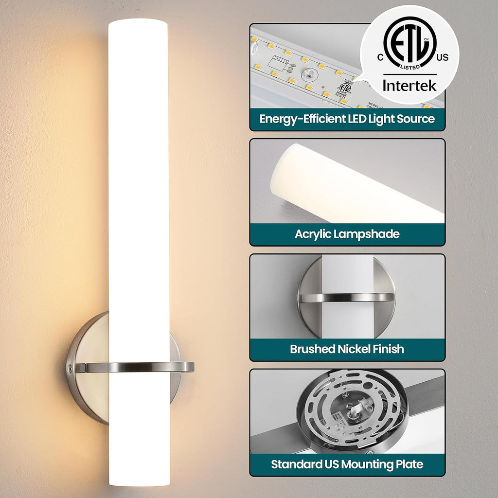 Brushed Nickel Bathroom Sconces Wall Lighting 18W LED Dimmable Vanity Light Fixture, 2700K-5000K Indoor Modern Wall