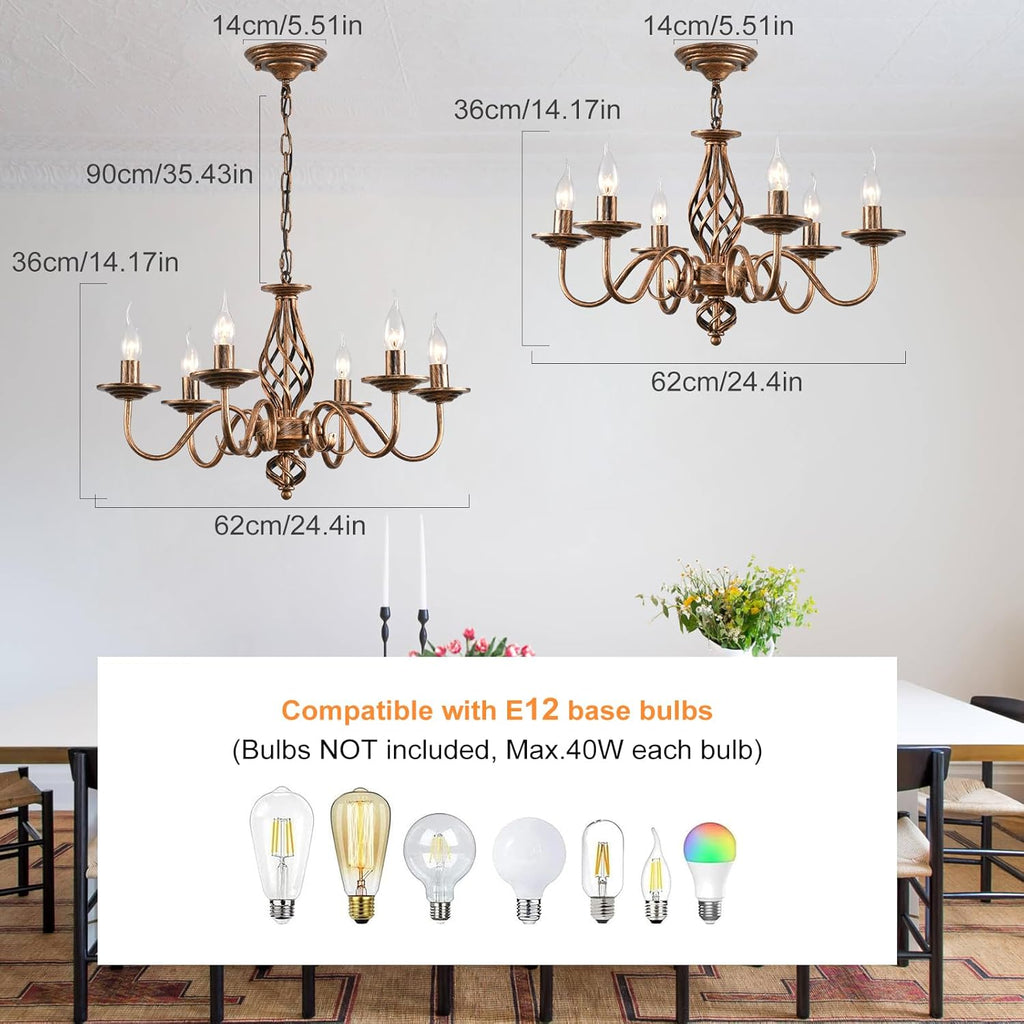 French Country Chandeliers, 6 Lights Rustic Vintage Metal Pendant Light Fixture Hanging Light for Farmhouse, Kitchen Island, Dining Room, Living Room, Antique Bronze E12 Base