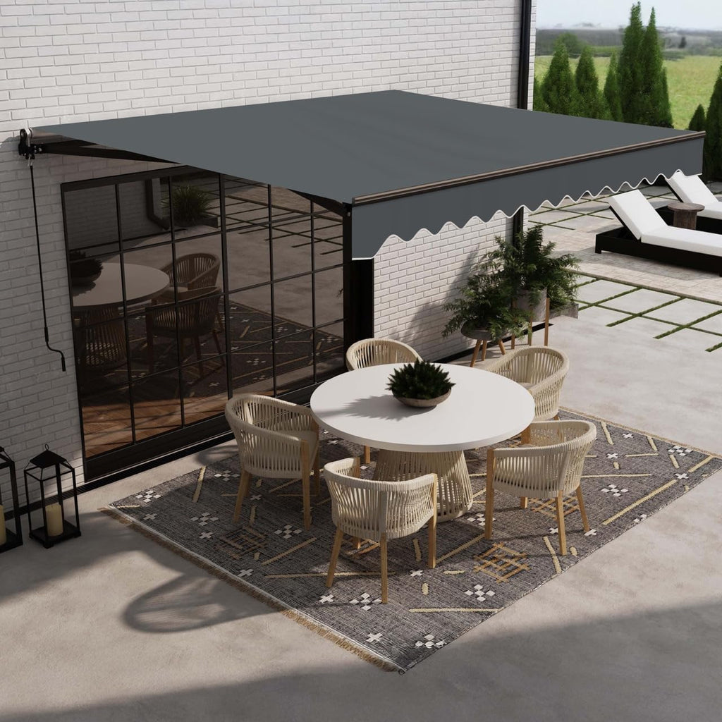 Manual Patio Awning with Black Frame, 12x10 Charcoal Gray | Hand-crank retractable sunshade, adjustable pitch