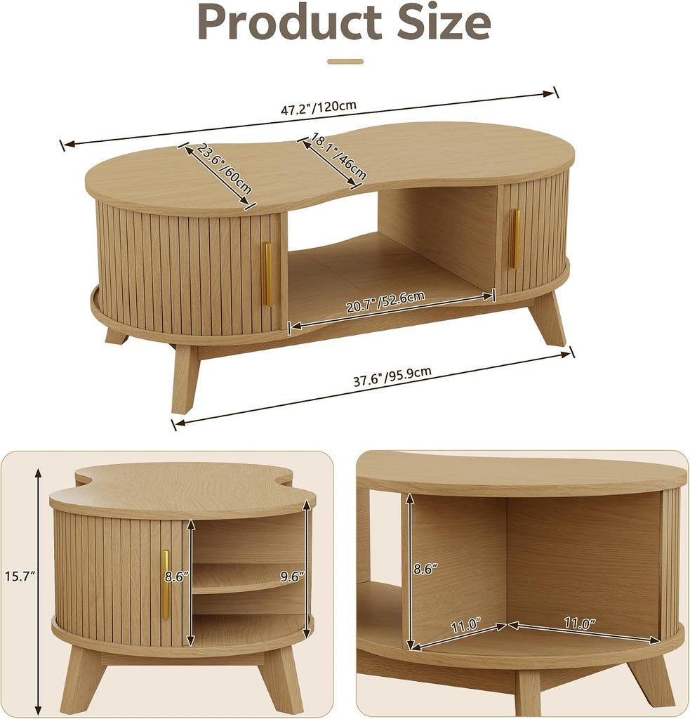 Coffee Table, Dual Oval Coffee Table with with Storage Cabinet and Sliding Tambour Door, 2-Tier Open Storage Shelf