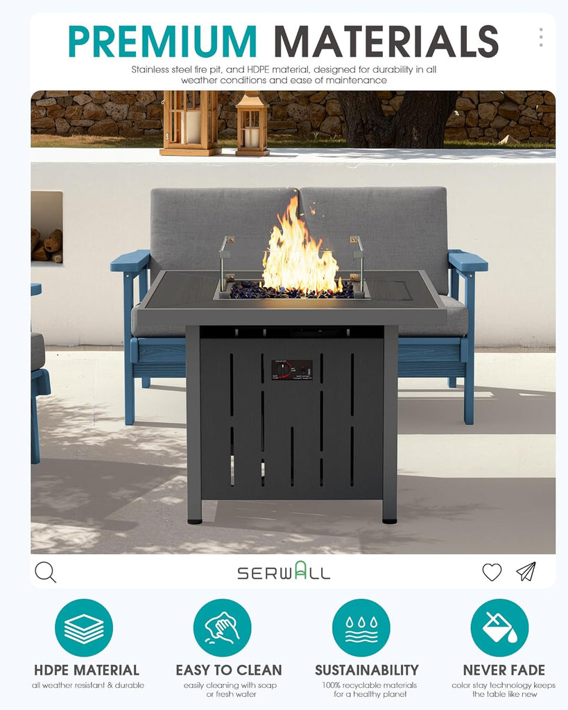 33" Outdoor Fire Pit Table, 50,000 BTU Square Propane Fire Pit Table with Lid, Glass Rock & Glass Wind Guard, HDPE Outdoor Furniture for Patio - Image 5
