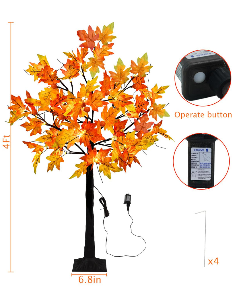 4FT Fall Lighted Maple Trees with 48 LEDs Lights 12 Pumpkins Fake Fall Light Up Tree Artificial Autumn Maple Trees