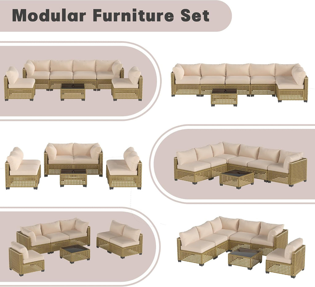 Patio Furniture Set, 7-Piece Outdoor Sectional Couch with Coffee Table & Thick Cushions, Outdoor Wicker Conversation