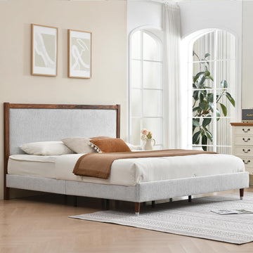 King Size Upholstered Platform Bed Frame with Wood Trim Headboard