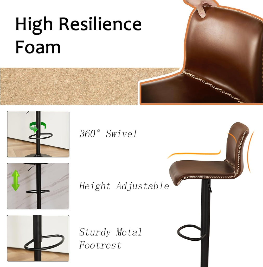 Swivel Bar Stools Set of 4, Counter Height Bar Stools with Back, Adjustable Bar Stools 24" to 32", Brown Faux Leather