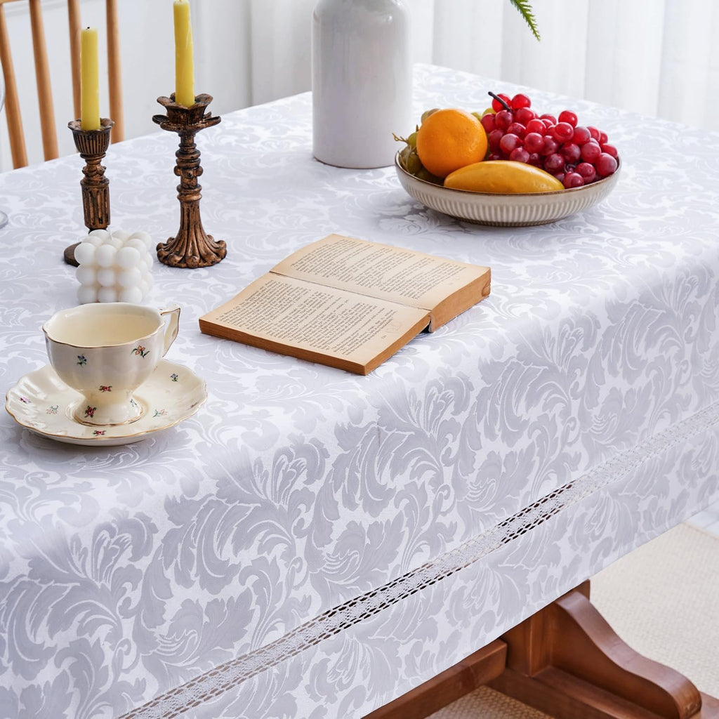 Heavy Duty Fabric Tablecloth with White Lace-Waterproof/Wrinkle Free/Stain Resistant/Oil Proof