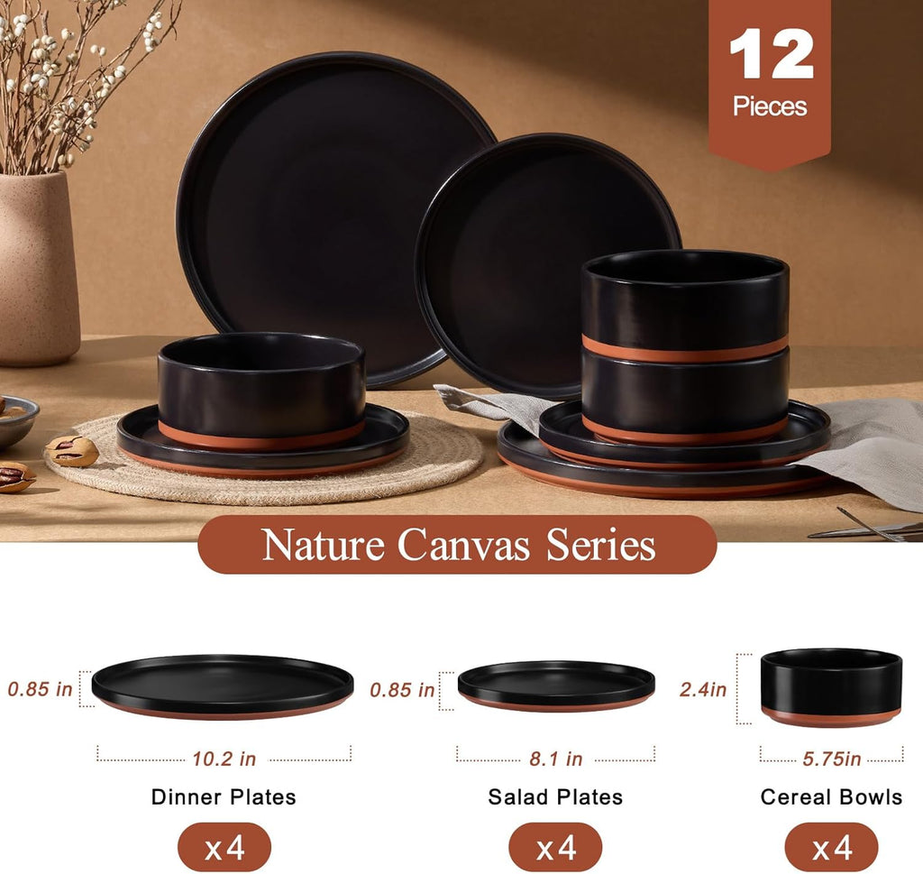 12 Pieces Porcelain Dinnerware Sets, Premium Plates and Bowls Set, High-Fired Ceramic Dishes Set for 4