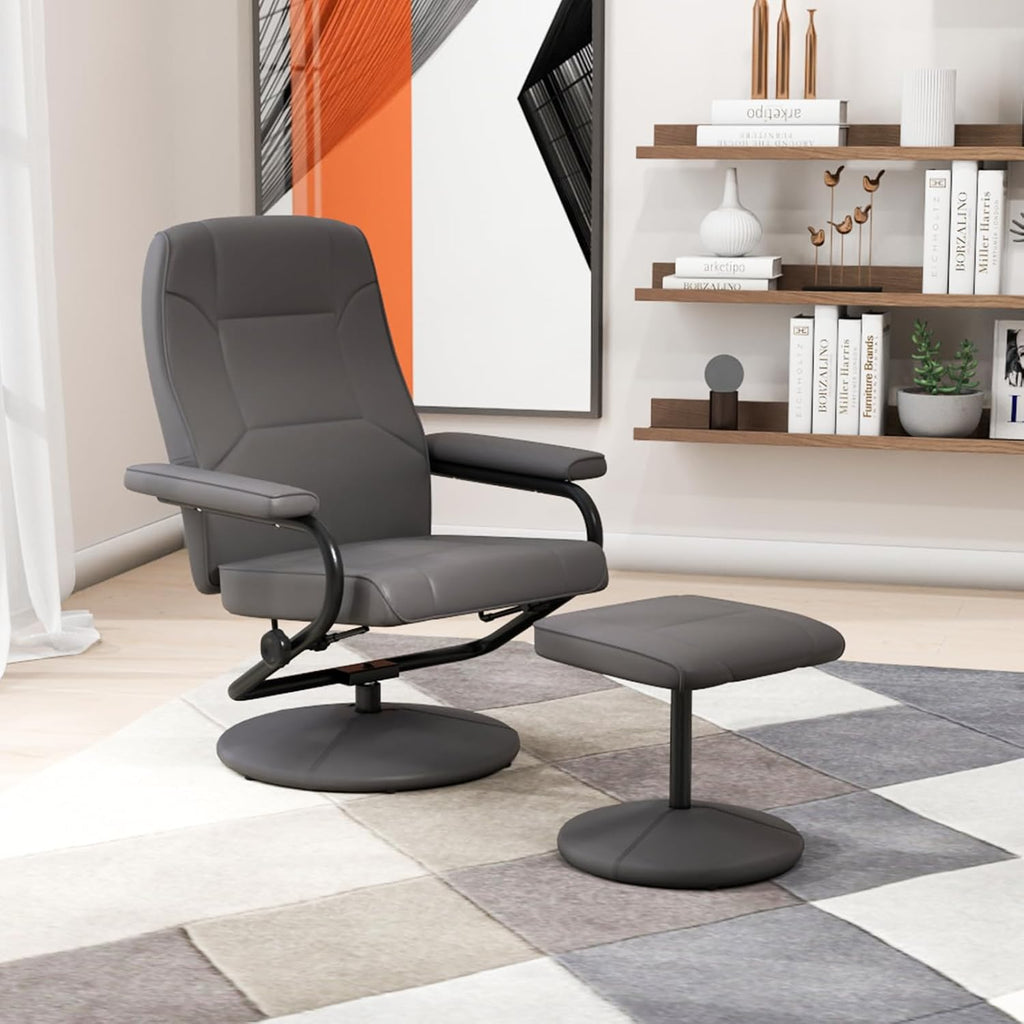 Modern Reclining Swivel Lounge Chair and Ottoman — Black Faux Leather
