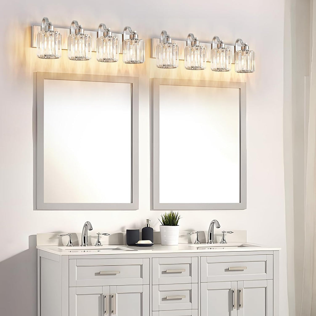 4 Lights Brushed Nickel Vanity Light Crystal Wall Light Bathroom Light Fixtures with Round Shade (Exclude Bulb)
