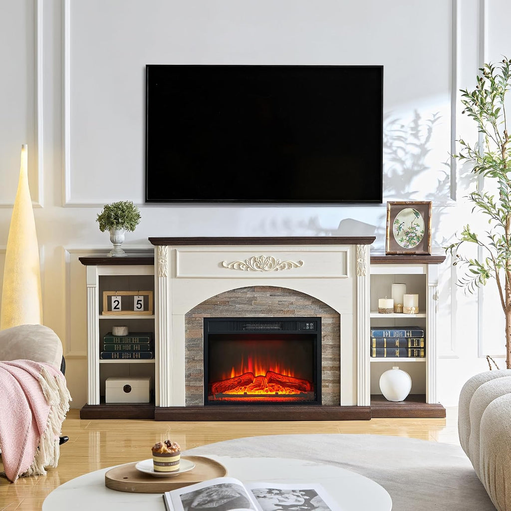 72" Electric Fireplace with Mantel, White TV Stand for TVs Up to 80 Inch, Farmhouse Entertainment Center with Storage