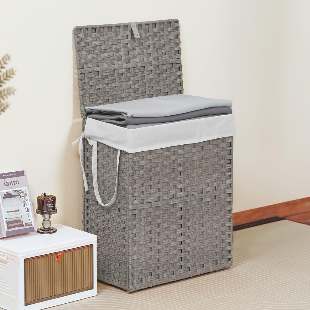 Woven Laundry Basket with Lid, 90L Large Capacity Hamper, Removable & Machine-Washable Liner, Foldable Rattan Clothes