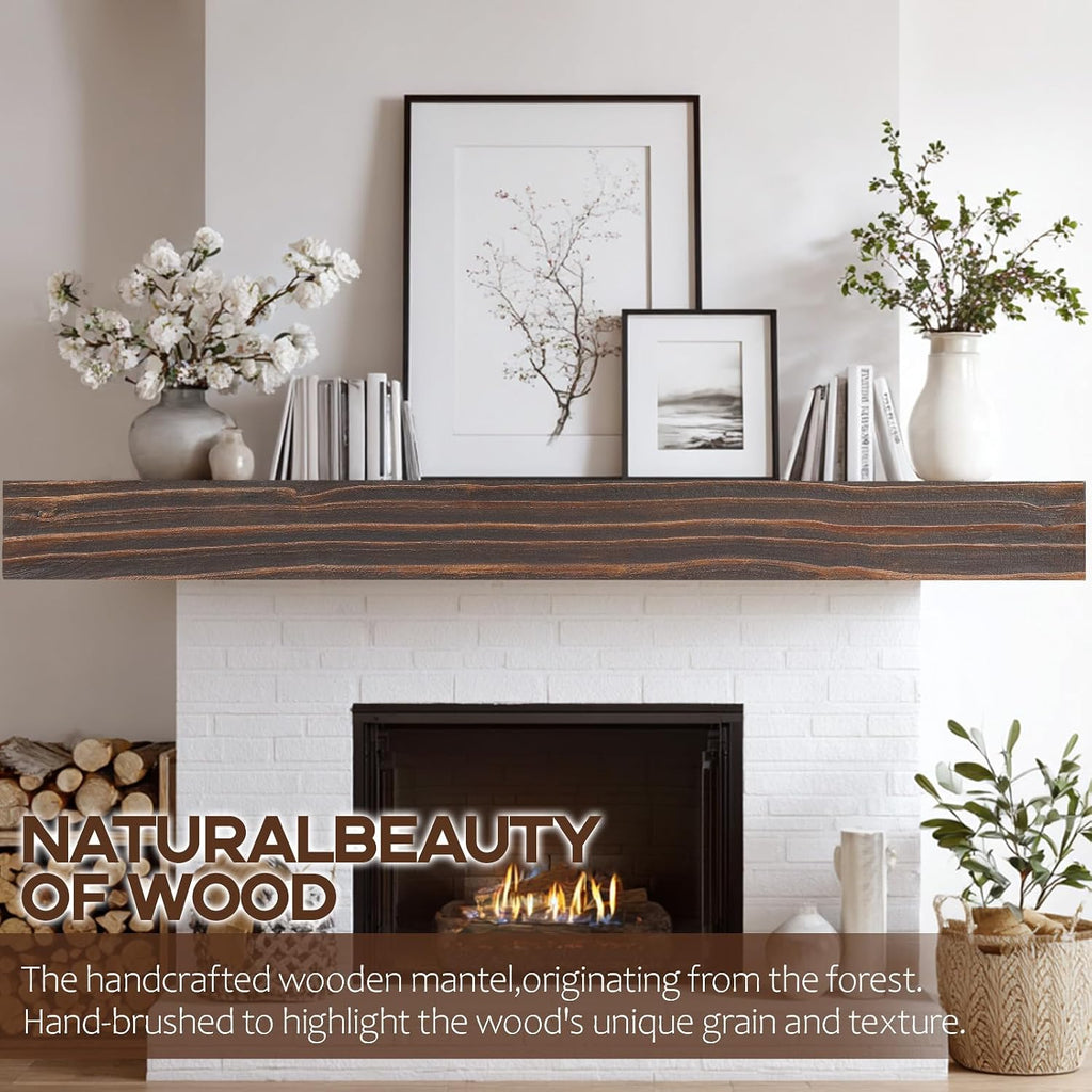 72" Solid Wood, Rustic Mantel Shelf Wall Mounted for Over Fireplace, Farmhouse Hanging Shelf, Rustic Brown