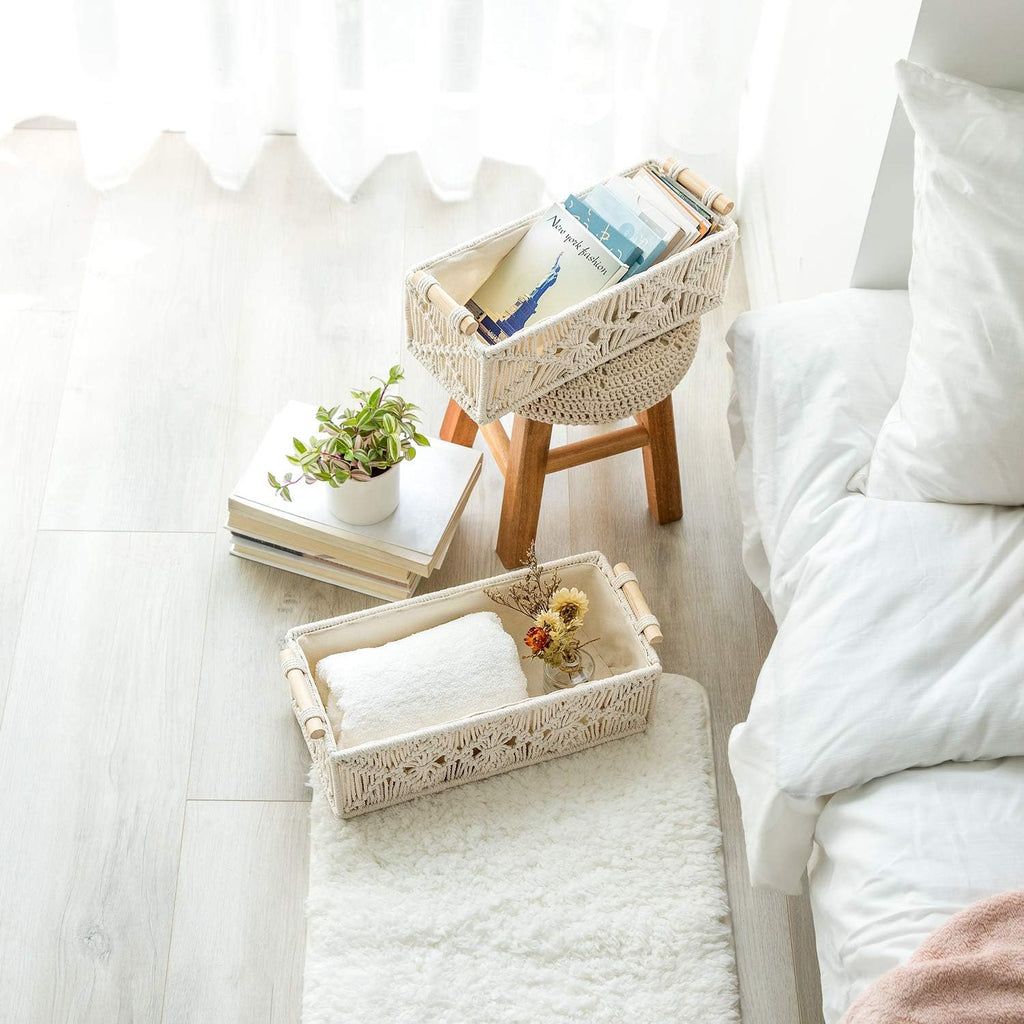 2Pc Macrame Storage Baskets, Boho Bathroom Toilet Paper Holder, Ivory | Small Baskets for Organizing, Hand-Woven