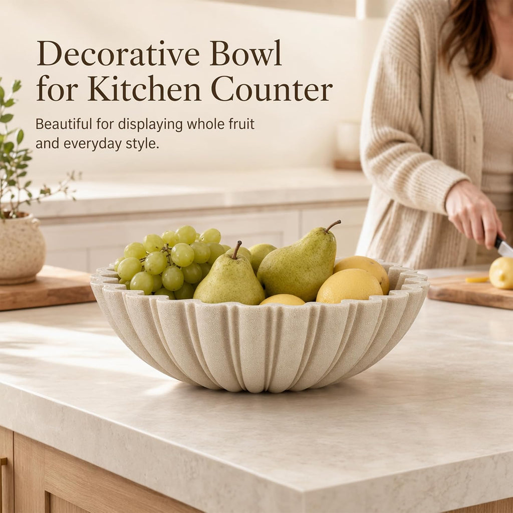 Decorative Bowl Decor, 10.6" Large Modern Beige Scalloped Fruit Bowl for Coffee Table, Entryway Table, Kitchen