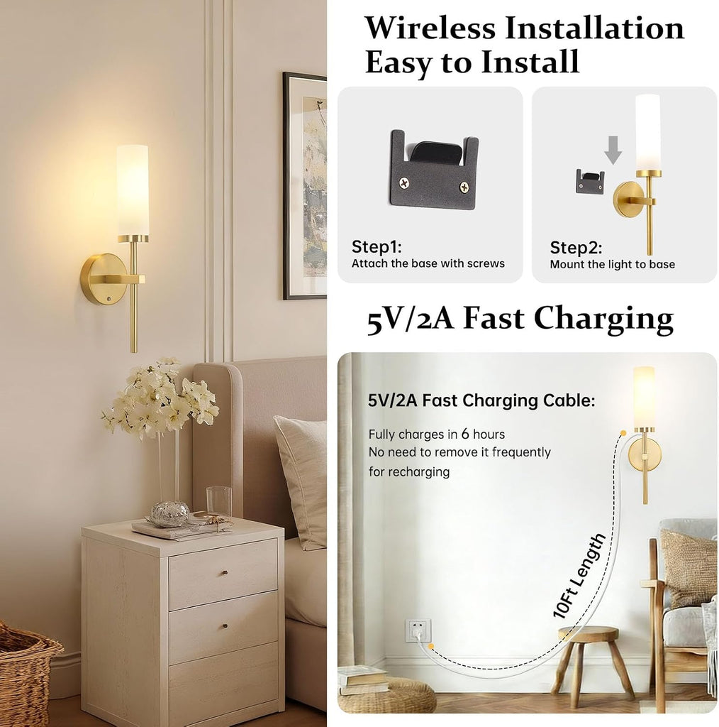 Battery Operated Wall Sconces Set of 2, Gold Rechargeable Wall Lighting Fixtures, Dimmable Wall Lights with Remote &