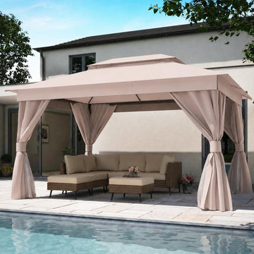 10'x13' Outdoor Gazebo, Metal Frame Heavy Duty Patio Canopy Tent Shelter with Double Roofs - Khaki