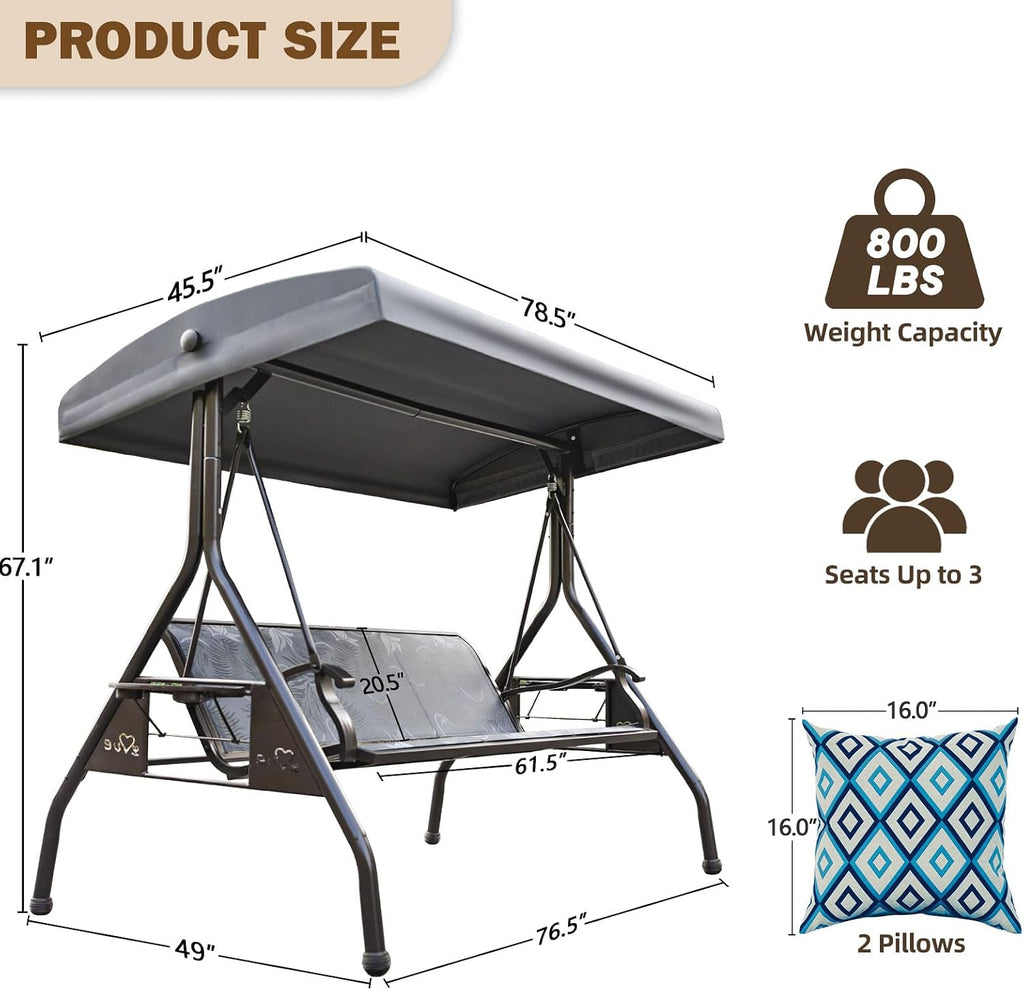 3 Person Patio Swing Outdoor Swing for Adults with Adjustable Canopy &Upgraded Cup Holders Textilene Fabric Porch