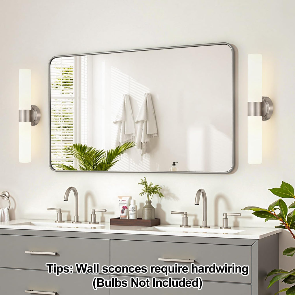 Wall Sconces Set of Two, Modern Bathroom Sconces Wall Lighting with Milky White Glass, Brushed Nickel Sconces Wall