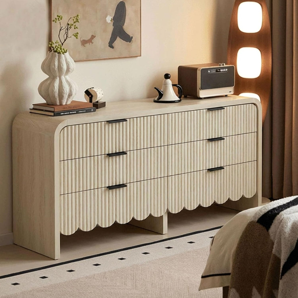 59" Scalloped Dresser ,Fluted 6 Drawer Wooden Dressers,Boho Long Dresser Kids Room, Living Room
