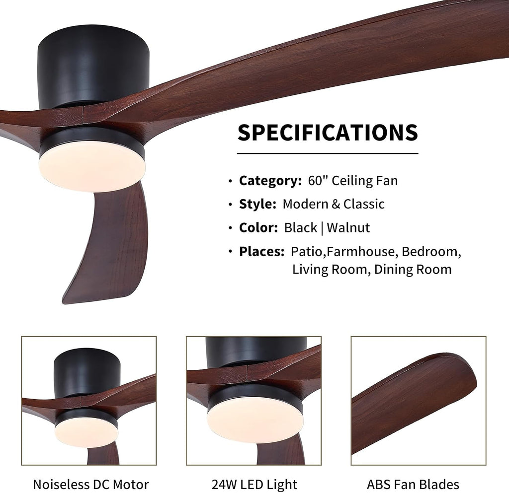 Modern 60 Inch Low Profile Flush Mount Ceiling Hugger Fan with LED Lights and Remote Control - 3 Wood Blades, Reversible DC Motor, 6 Speeds - Walnut and Matte Black