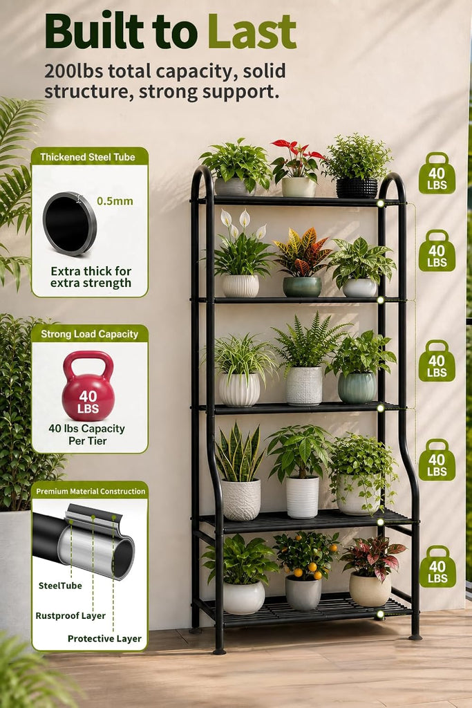 5-Tier Metal Plant Stand - Heavy Duty Indoor Outdoor Flower Shelf for Multiple Pots, 65" Tall Vertical Holder with