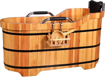 Japanese Style Wooden Soaking Tub with Steamer, Deep Cedar Bath Barrel for Adults, Freestanding Spa Bathtub for Home