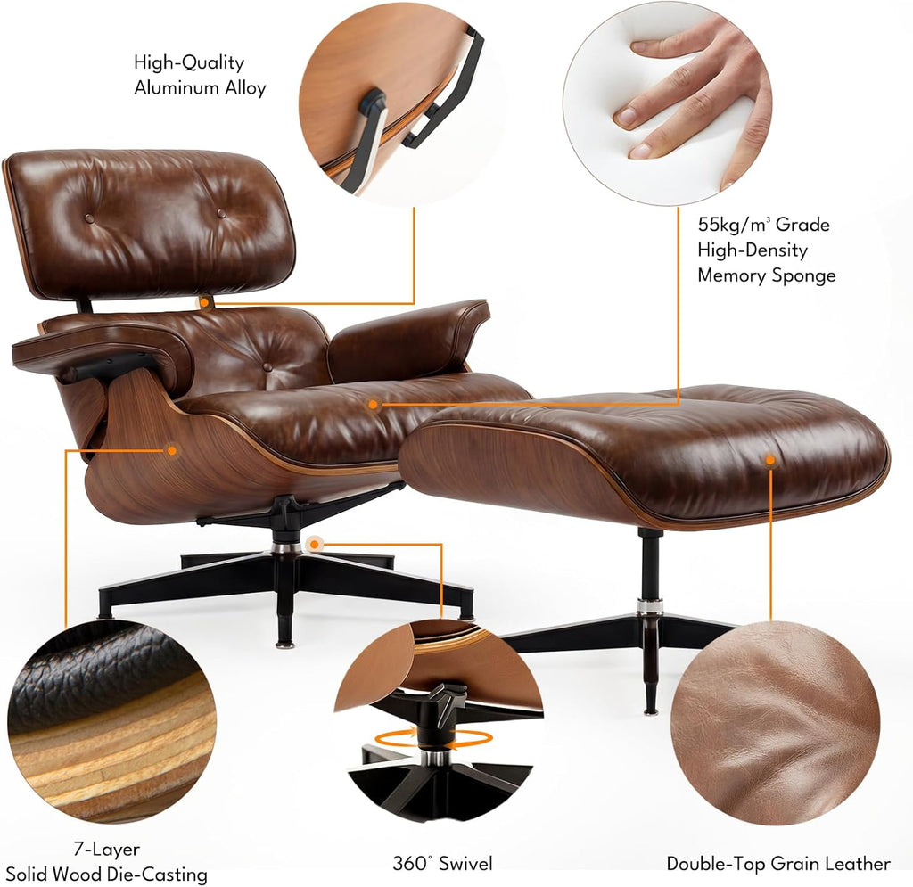 Modern Reading Chair and Ottoman — Walnut Leather