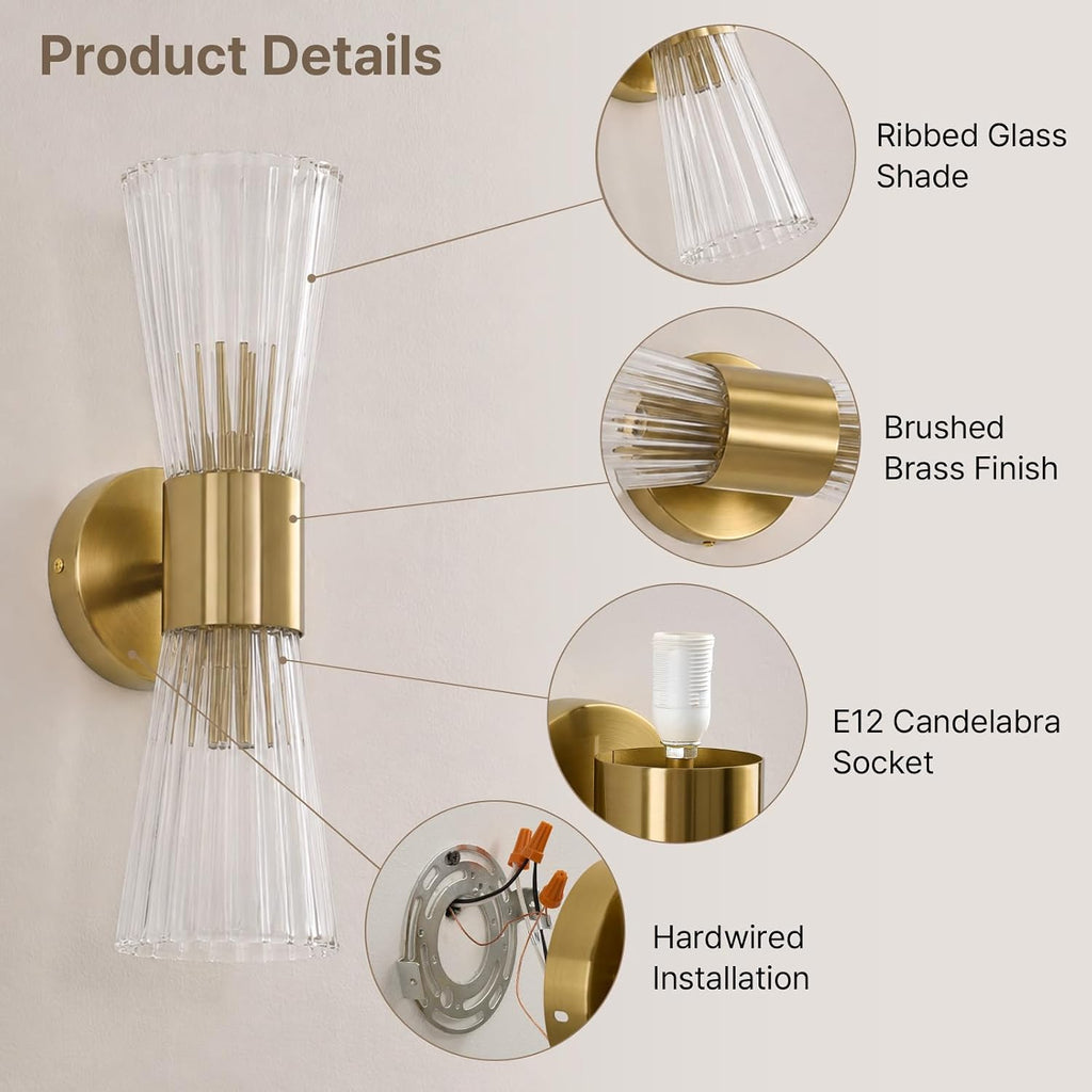 Gold Glass Wall Sconce Light,Mid Century Modern Bathroom Wall Sconces | Ribbed Clear Glass Gold Wall Light,2-Light