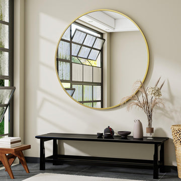 Large Gold Round Bathroom Mirror 48" with Thin Metal Frame