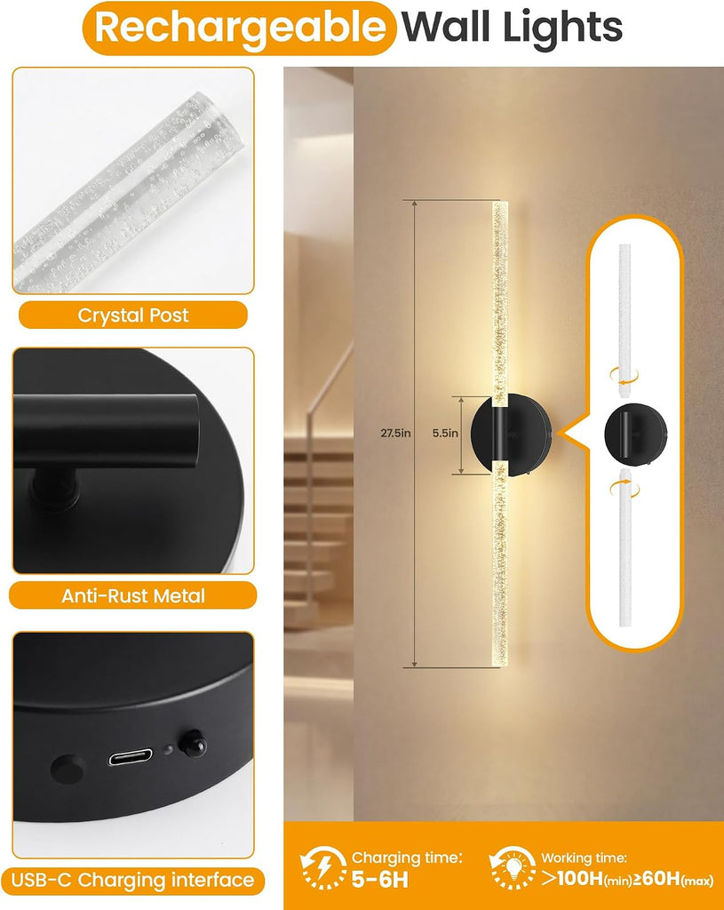 Crystal-Inspired Bubble Battery Operated Wall Sconce Set of 2, 10000mAh 3 Color Temps Rechargeable Wall Lights with Remote, Dimmable Wireless Wall Lamp for Living Room Bedroom