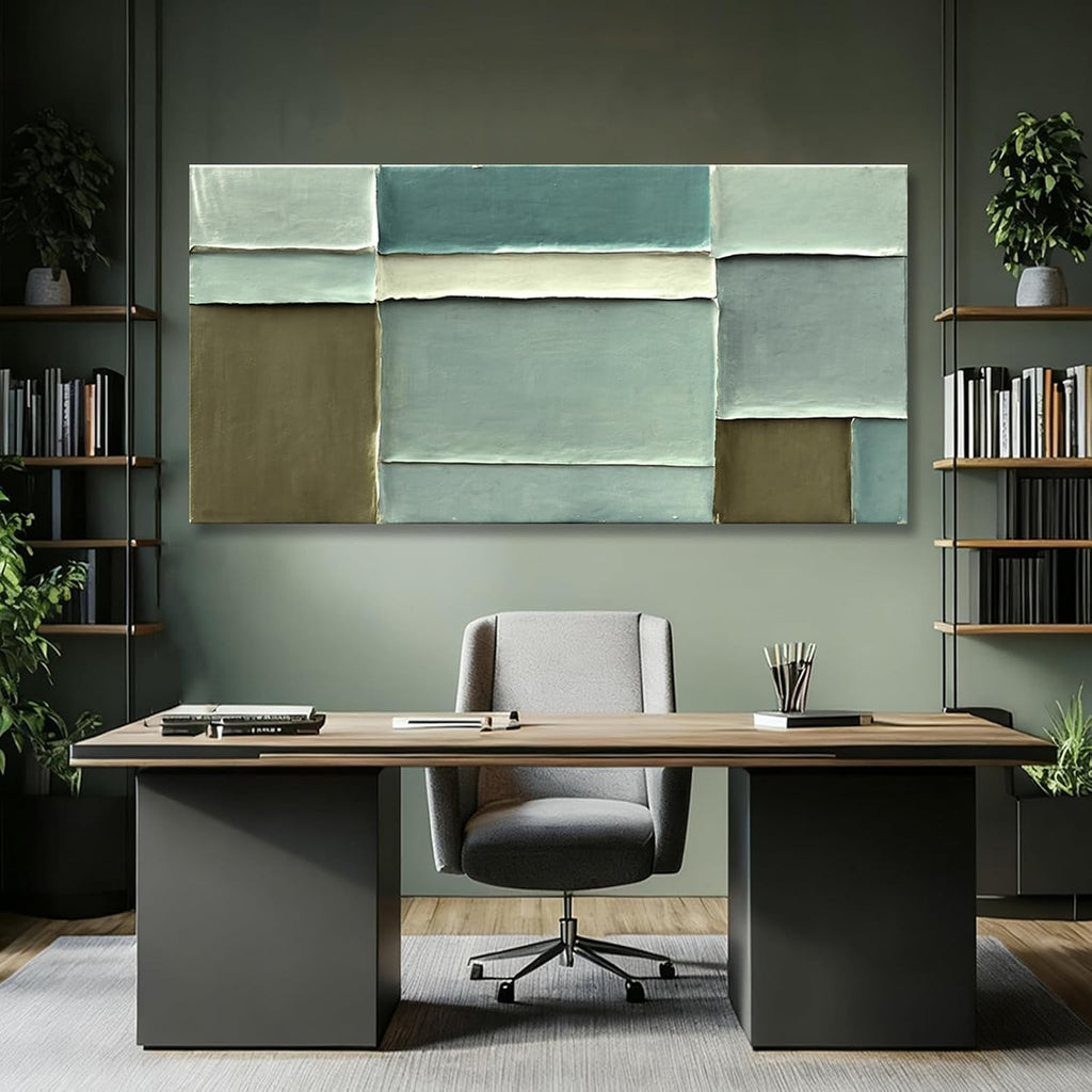 Modern Abstract Green Canvas Wall Art Soft Neutral Color Hand Painting Block Design Minimalist Artwork Bedroom Office