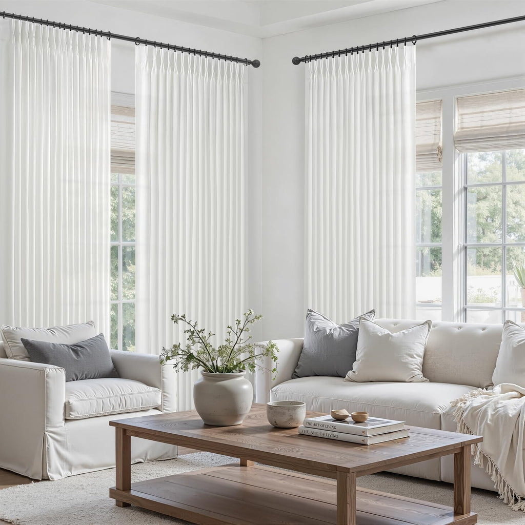 Pinch Pleat Pure White Semi Sheer Curtains 96 Inches Long, Memory Trained Thick Natural Linen Curtain Light