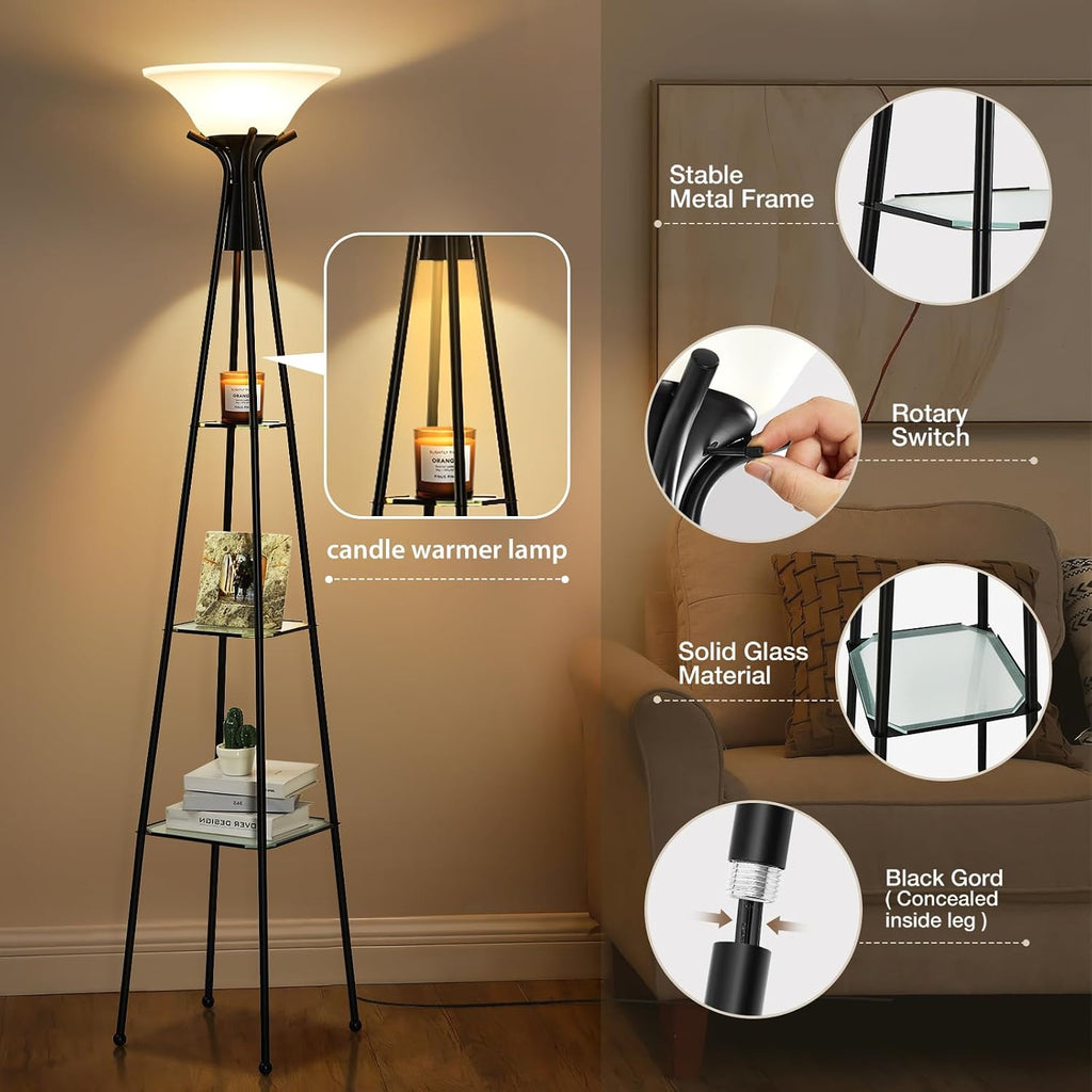 Floor Lamp with Shelves, 69” Tall Torchiere Floor Lamps, 3-Tier Glass Shelf Lamp
