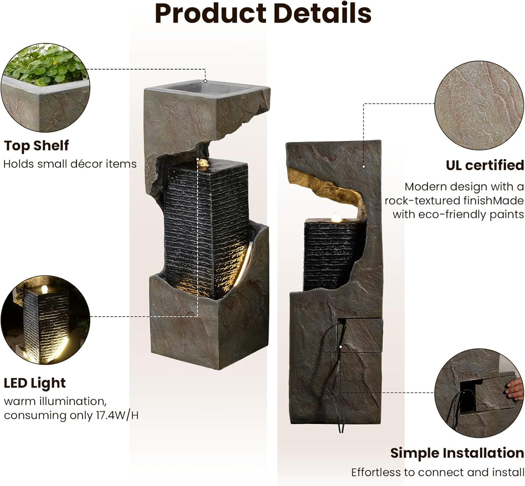 35.4" H Water Fall Fountains Indoor Waterfall Fountain Outdoor with LED Lights Floor-Standing for Outside Garden