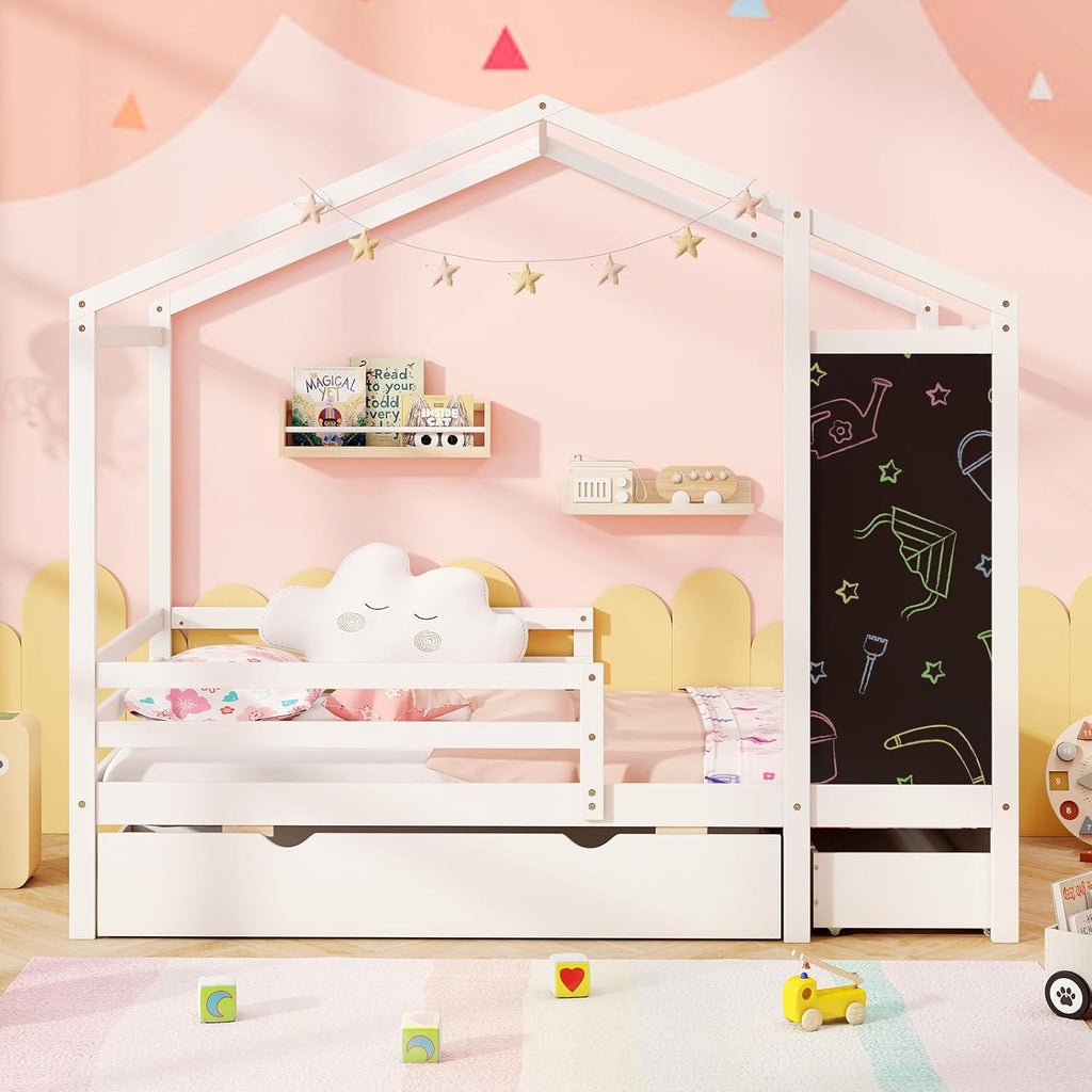 Twin Bed with 2 Storage Drawers, Solid Wood House Bed with Blackboard & Safety Guardrails, Tw Bed w/Slats Support, No