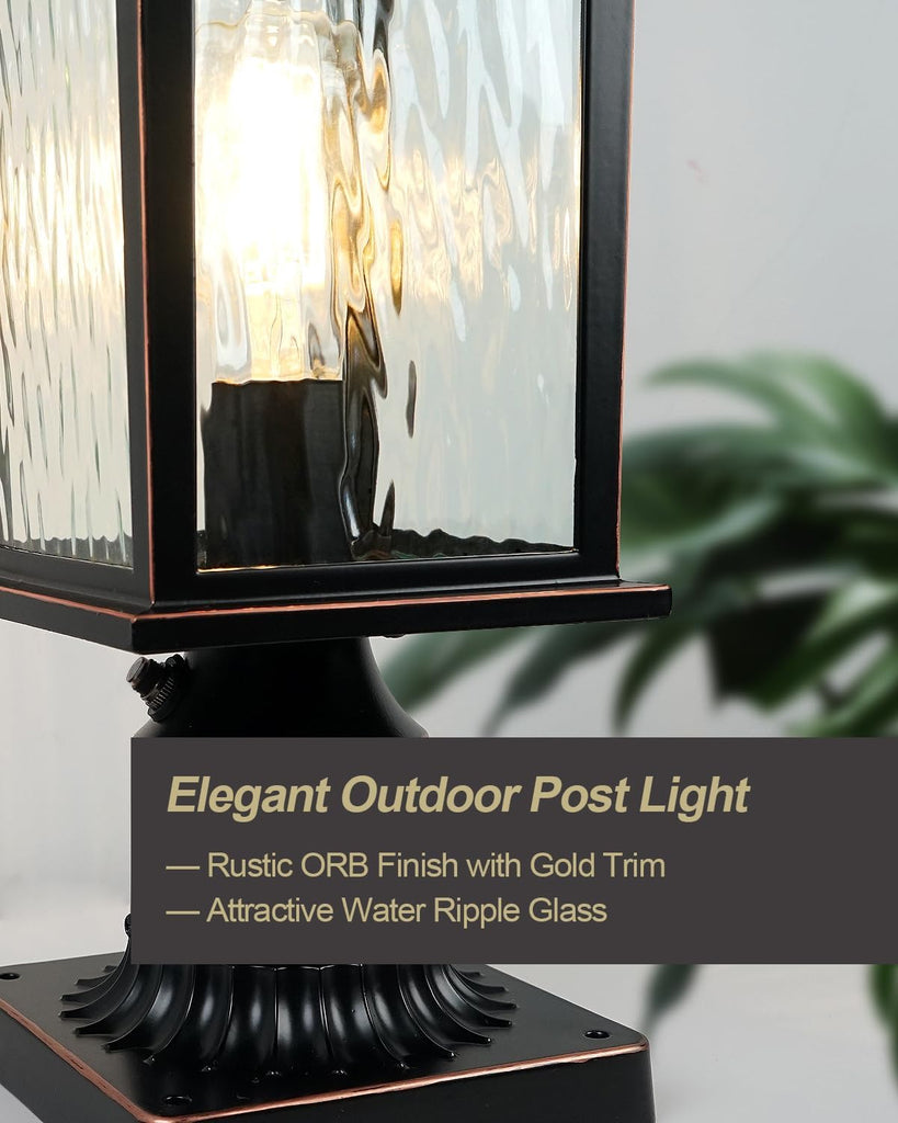 Dusk to Dawn Outdoor Post Light, Hardwired Oil-Rubbed Bronze Pole Lantern with Pier Mount Base, Water Ripple Glass