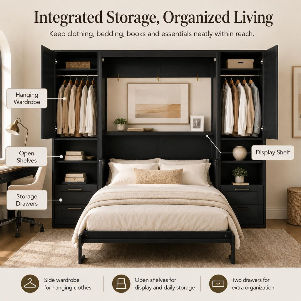 Queen Murphy Bed Cabinet with Desk & Storage, Wall Bed Cabinet Bed with Closet, Drawers and Shelves, Hidden Folding