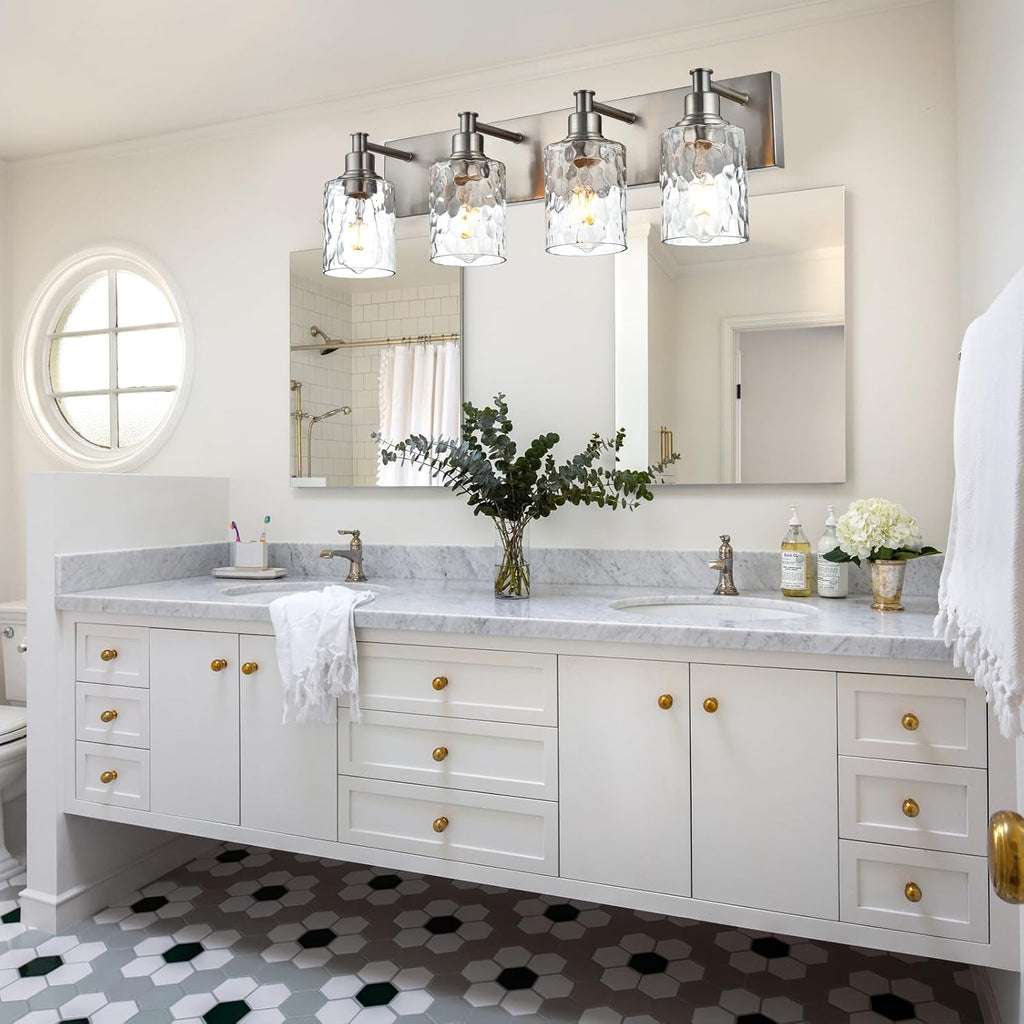 4-Light Bathroom Vanity Light Fixture Brushed Nickel Industrial Wall Sconce Lighting with Hammered Glass Shade