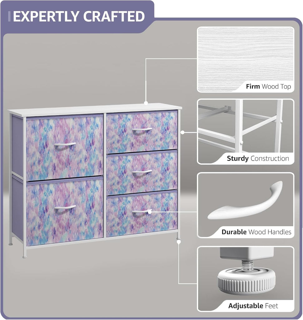 Kids Dresser with 5 Drawers - Storage Chest Organizer Unit with Steel Frame, Wood Top & Handles, Tie-dye Fabric Bins