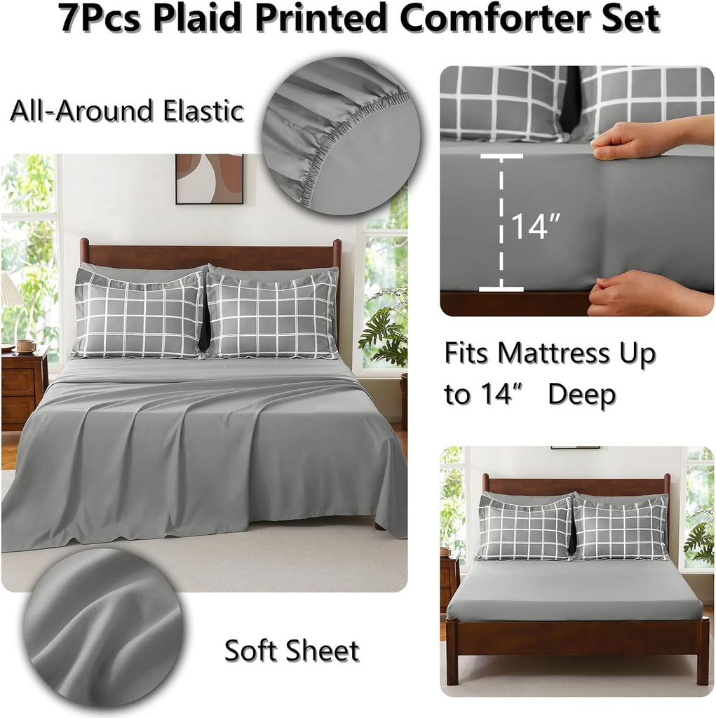 Queen Comforter Set with Sheets - 7 Pieces Plaid Bed in a Bag Set Grey