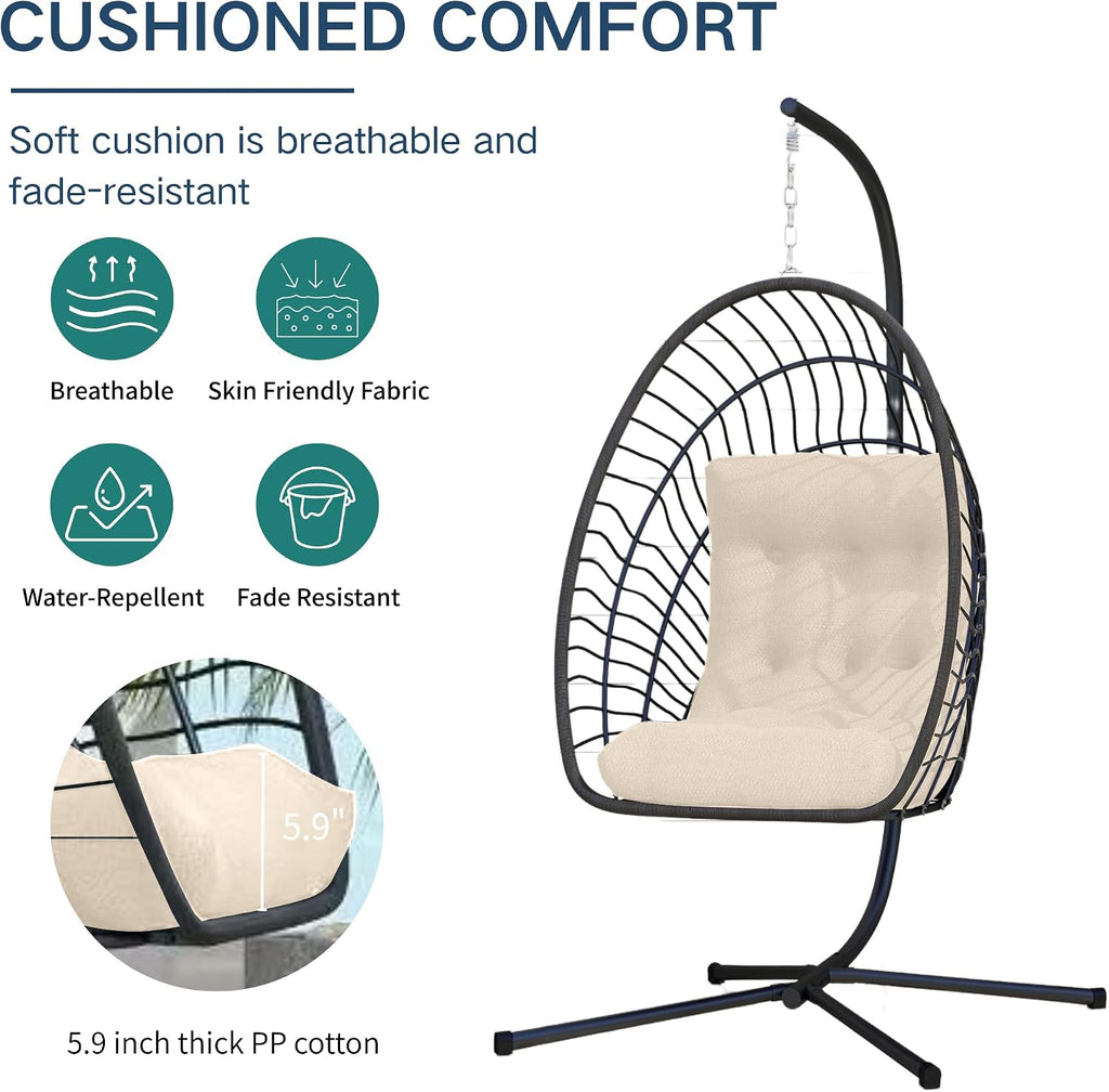 Hanging Egg Chair with Stand Indoor Outdoor, Foldable Rattan Wicker Hammock Egg Swing Chair Porch Patio Garden