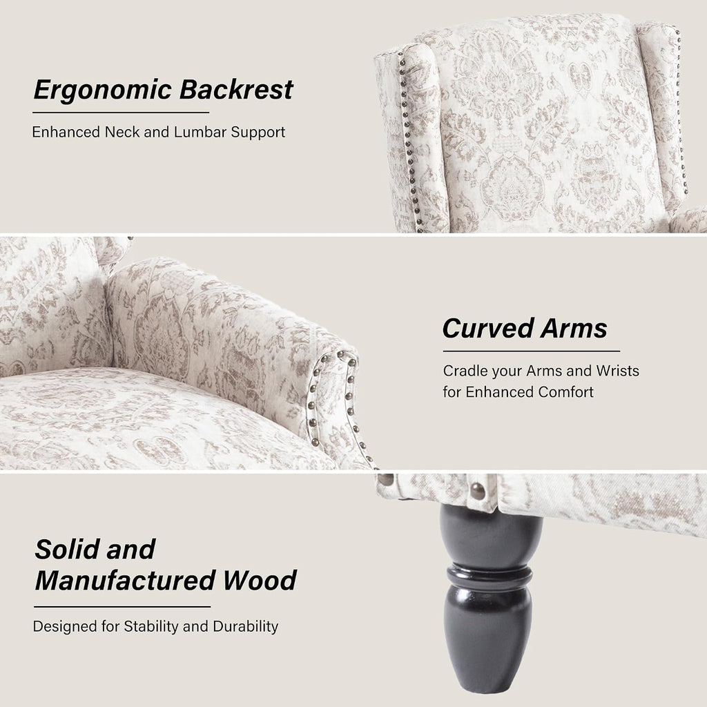 Wingback Floral Pushback Recliner Chair, Beige, Set of 1 | Cotton Linen Fabric | High-Density Foam Seat | Solid Wood